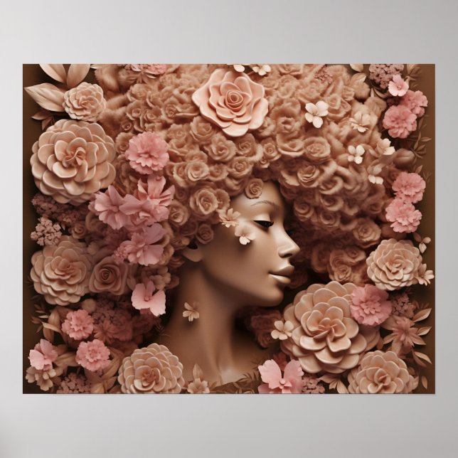 Póster Melanin Mujer Reina Negra Flor Floral 3D Afro (Frente)