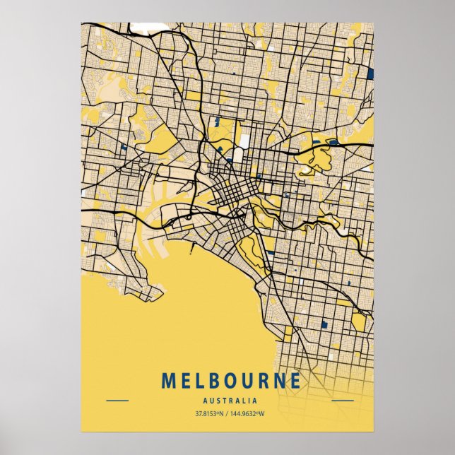 Póster Melbourne - Mapa australiano de la ciudad amarilla (Frente)