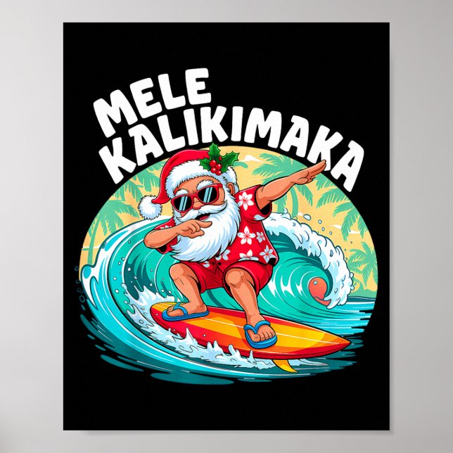 Póster Mele Kalikimaka Hawaiian Christmas Santa Surfing B (Frente)