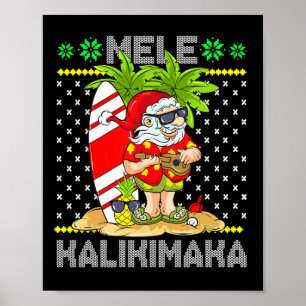 Póster Mele Kalikimaka Santa Claus Surfer Guitar Hawaiian