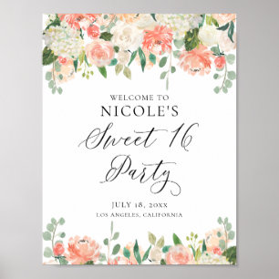 Póster Melocotones acuáticos y dulces con flores de crema