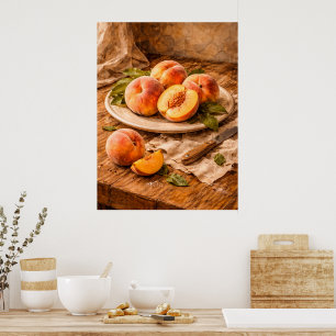 Póster Melocotones Frescos sobre Madera un Bodegón Rústic
