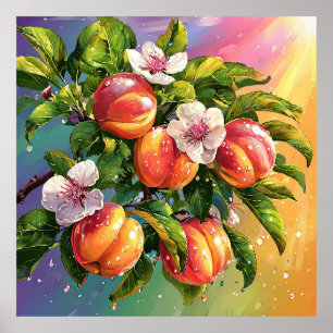 Póster Melocotones Jugosos Vibrantes en Rama de Árbol con