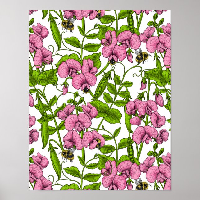 Póster Melocotones y abejorros, rosa, verde y blanco (Frente)