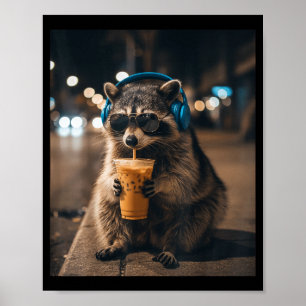 Póster Meme divertido de animal mapache bebiendo café hel