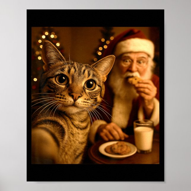 Póster Meme divertido de Navidad de gato selfie con Santa (Frente)