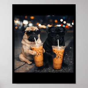Póster Meme divertido dos pug bebiendo café con hielo