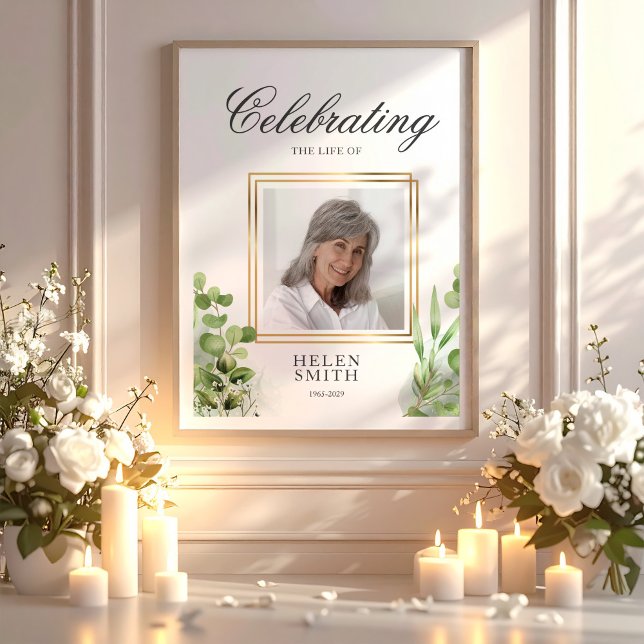 Póster Memorial Celebration of Life Elegant Greenery  (Memorial Celebration of Life Elegant Greenery Poster, Loss Of Mom Gift, Loss Of Loved One)