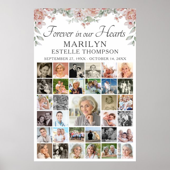 Póster Memorial Corazones Eternos Floral Rosa 33 Fotos (Frente)
