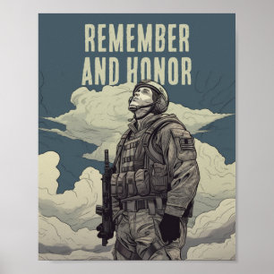 Póster Memorial Day Soldier Clouds Remember and Honor