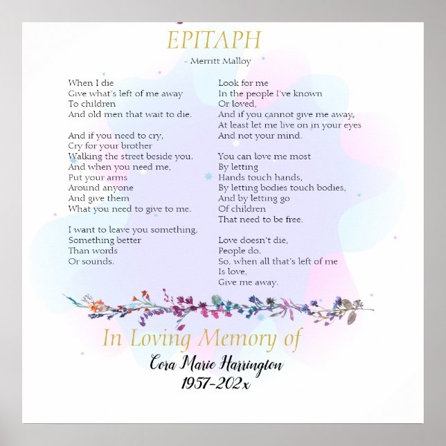 Póster Memorial de la acuarela del poema Epitaph (Frente)