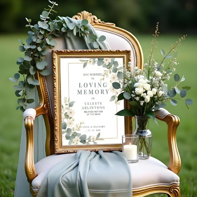 Póster Memorial Exquisite Flowers & Eucalyptus Wedding  (Delicate Flowers & Eucalyptus Wedding Memorial Seat Reserved Loved Ones Frame Posters with Garden )