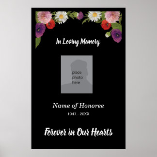 Póster Memorial service elegant floral border and photo