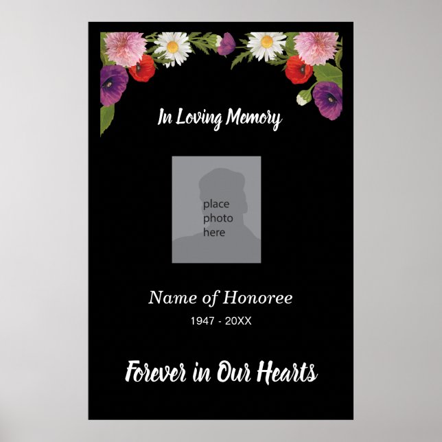 Póster Memorial service elegant floral border and photo (Frente)