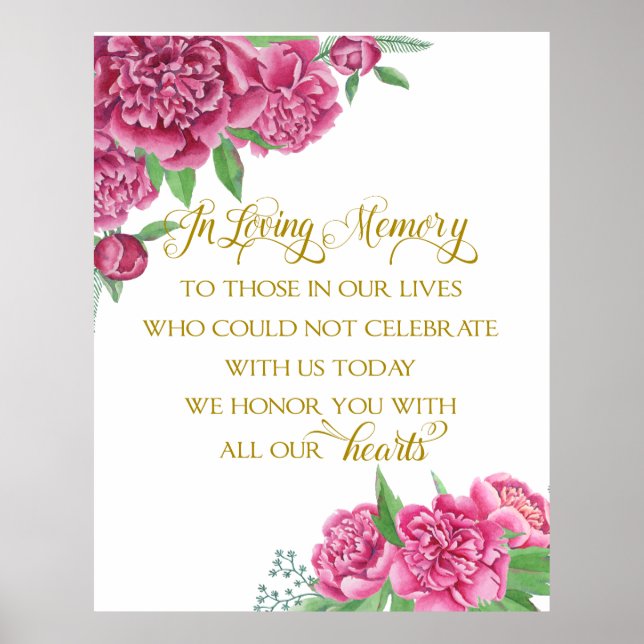 Póster memory remembrance  floral wedding peony sign (Frente)