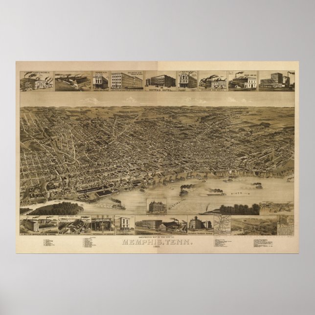 Póster Memphis 1887, NT Birds Eye View Panoramic Map (Frente)
