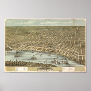 Póster Memphis Tennessee 1870 Mapa Panorámico Antiguo
