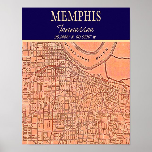 Póster Memphis Tennessee Map (Frente)
