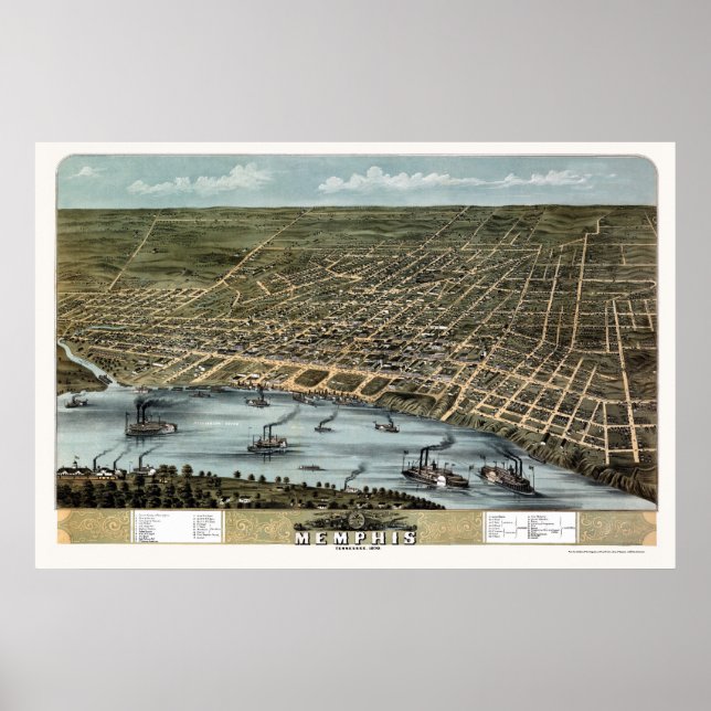 Póster Memphis, TN Panoramic Map - 1870 (Frente)