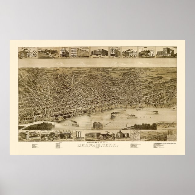 Póster Memphis, TN Panoramic Map - 1887 (Frente)