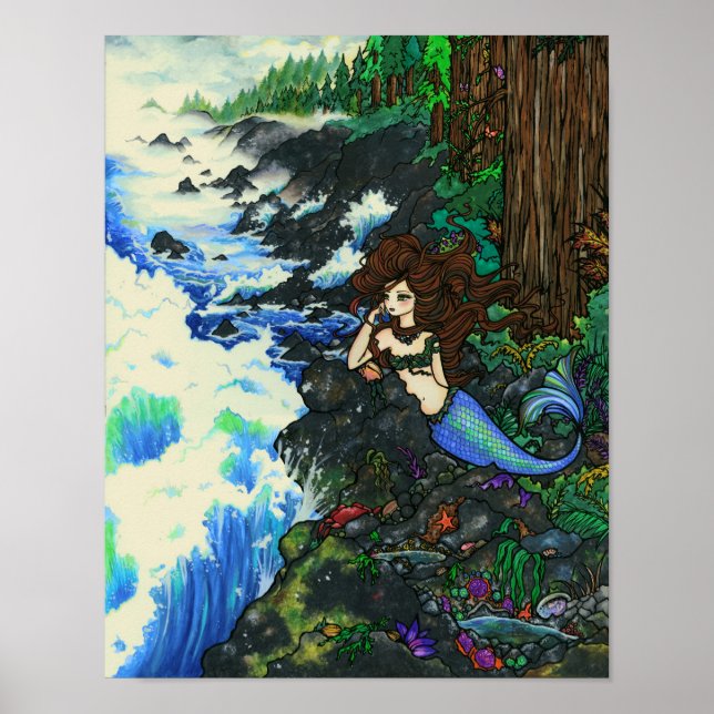 Póster "Mendocino Mermaid" Fantasy Coast Ocean Art (Frente)