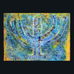 Póster Menorah azul<br><div class="desc">La obra de arte original de esta menorah es una pintura de medios mixtos creada con pintura acrílica,  pasta de modelado y papel de la artista judía contemporánea Meredith Gould.</div>