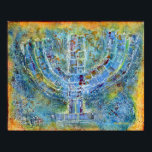 Póster Menorah azul<br><div class="desc">La obra de arte original de esta menorah es una pintura de medios mixtos creada con pintura acrílica,  pasta de modelado y papel de la artista judía contemporánea Meredith Gould.</div>