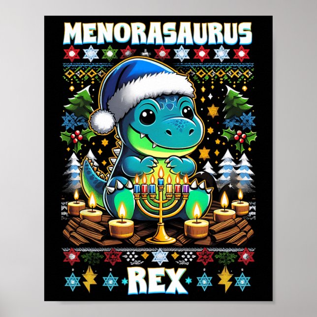 Póster Menorasaurus Rex Dino Trex Suéter Feo de Navidad  (Frente)