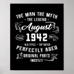 Póster Mens Man Myth Legend August 1942 80th Birthday<br><div class="desc">Mens Man Myth Legend August 1942 80th Birthday Gift 80 Years Old Gift. Perfect gift for your dad,  mom,  papa,  men,  women,  friend and family members on Thanksgiving Day,  Christmas Day,  Mothers Day,  Fathers Day,  4th of July,  1776 Independent day,  Veterans Day,  Halloween Day,  Patrick's Day</div>