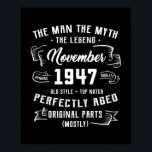 Póster Mens Man Myth Legend November 1947 75th Birthday<br><div class="desc">Mens Man Myth Legend November 1947 75th Birthday Gift 75 Years Gift. Perfect gift for your dad,  mom,  papa,  men,  women,  friend and family members on Thanksgiving Day,  Christmas Day,  Mothers Day,  Fathers Day,  4th of July,  1776 Independent day,  Veterans Day,  Halloween Day,  Patrick's Day</div>