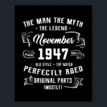 Póster Mens Man Myth Legend November 1947 75th Birthday<br><div class="desc">Mens Man Myth Legend November 1947 75th Birthday Gift 75 Years Gift. Perfect gift for your dad,  mom,  papa,  men,  women,  friend and family members on Thanksgiving Day,  Christmas Day,  Mothers Day,  Fathers Day,  4th of July,  1776 Independent day,  Veterans Day,  Halloween Day,  Patrick's Day</div>