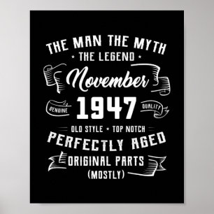 Póster Mens Man Myth Legend November 1947 75th Birthday