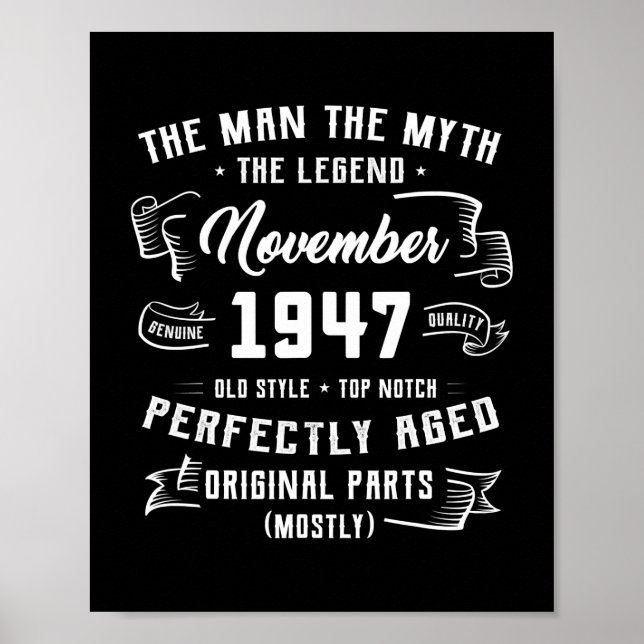 Póster Mens Man Myth Legend November 1947 75th Birthday (Frente)