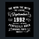 Póster Mens Man Myth Legend September 1992 30th Birthday<br><div class="desc">Mens Man Myth Legend September 1992 30th Birthday Gift 30 Years Gift. Perfect gift for your dad,  mom,  papa,  men,  women,  friend and family members on Thanksgiving Day,  Christmas Day,  Mothers Day,  Fathers Day,  4th of July,  1776 Independent day,  Veterans Day,  Halloween Day,  Patrick's Day</div>
