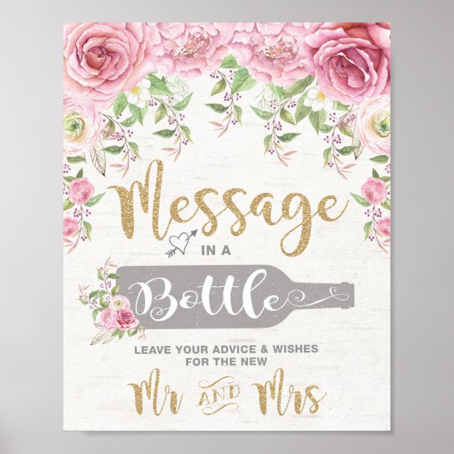 Póster Mensaje en un Boda Floral de botella Consejo y des (Frente)