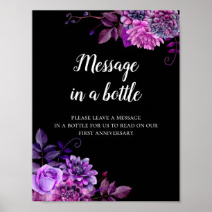 Póster Mensaje en una botella impresa boda negro y púrpur
