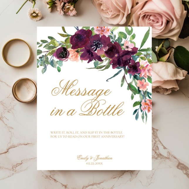 Póster Mensaje Floral En Un Libro De Invitado Del Boda De (Message in a Bottle Wedding Sign, Burgundy Blush Pink Florals, Gold Script Calligraphy, Fall Winter )