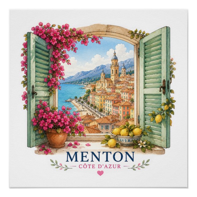 Póster Menton French Riviera  - View Through Window (Anverso)