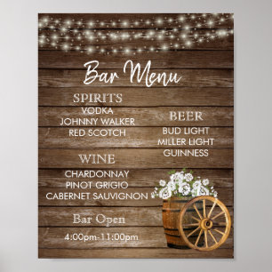 Póster Menú Bar - Barril de madera con flores blancas