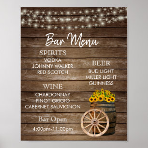 Póster Menú Bar - Barril de madera con girasoles