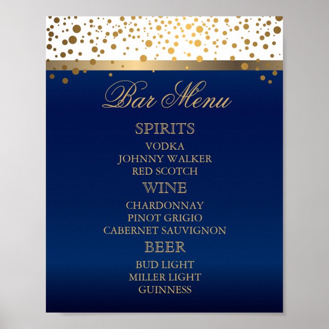 Póster Menú Bar - Blanco y Azul marino con Confetti dorad (Frente)