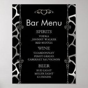 Póster Menú Bar - Boda en jirafa de plata y negro