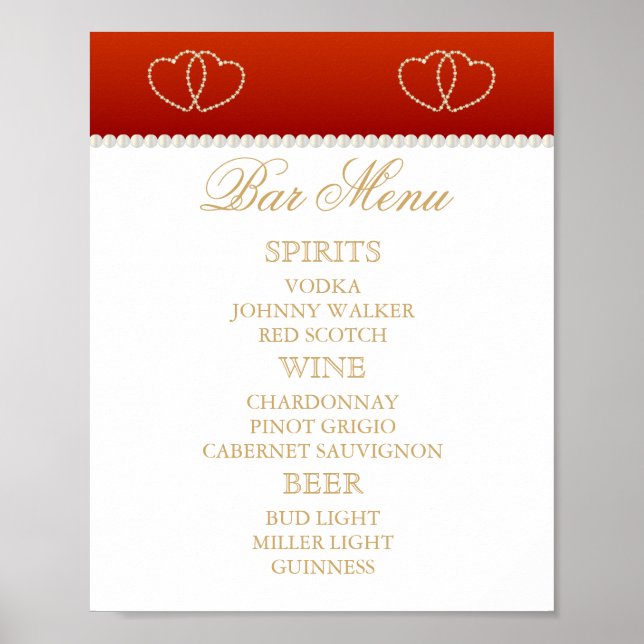 Póster Menú Bar - Deep Red and White with Gold Hearts (Frente)