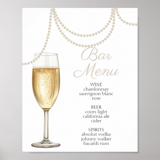 Póster Menú Bar Perlas y ducha de novia prosecco (Frente)