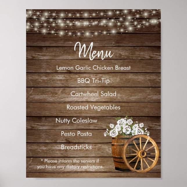 Póster Menú - Barril de madera con flores blancas (Frente)