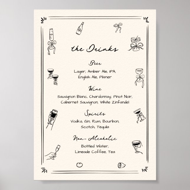 Póster Menú Bebida de barra Boda rápida dibujada a mano (Frente)