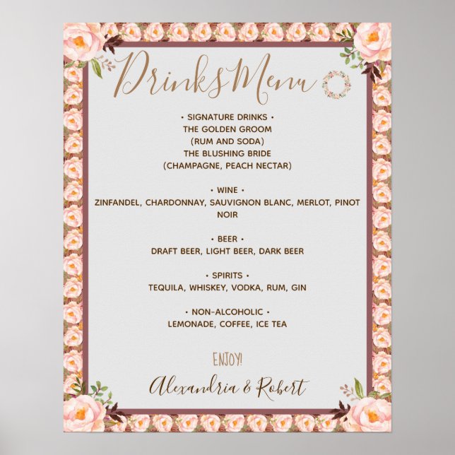Póster Menú Bebidas Marco floral rosa Rótulo Boda de novi (Frente)