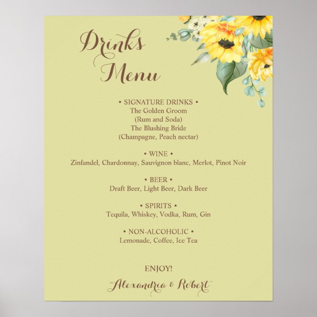 Póster Menú Bebidas Sunflowers Greenery Bridal Boda (Frente)