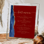 Póster Menú boda Bar Navy Blue Gold Agate Borgoña<br><div class="desc">Una seña elegante para el menú de la barra boda. Las palabras "menú de barras" aparecen en caligrafía de escritura a mano de color dorado con toques al principio y al final, con texto de personalizable debajo. Una acuarela azul marino adornada con un purpurina de imitación dorada decora el borde...</div>