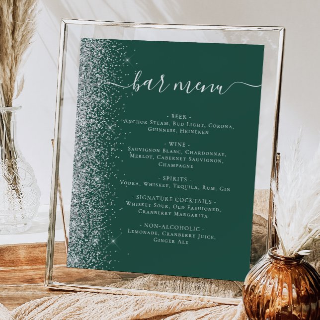 Póster Menú boda Bar Purpurina Plata verde oscuro (Subido por el creador)